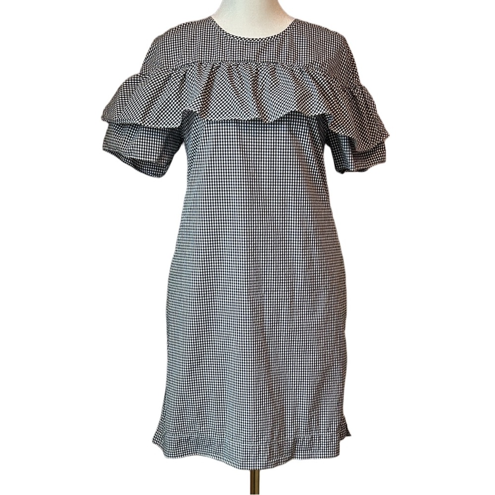 J. Crew Edie Micro Gingham Shift Dress Black White Checkered Ruffle Cotton 6P